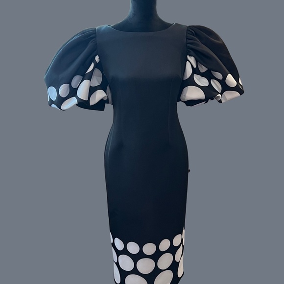 # A099  For Her NYC  Vintage Black Dress  Polka Dot Puff Sleeve  NWT size S - Picture 1 of 6